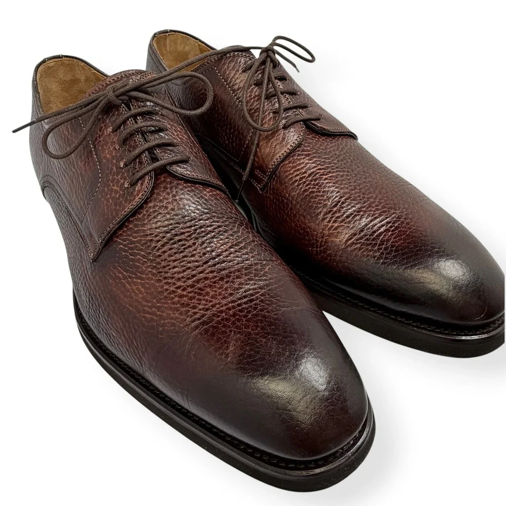 Magnanni Derby Shoes Melich III 12M $625 Brown Painted Grained Leather 23794